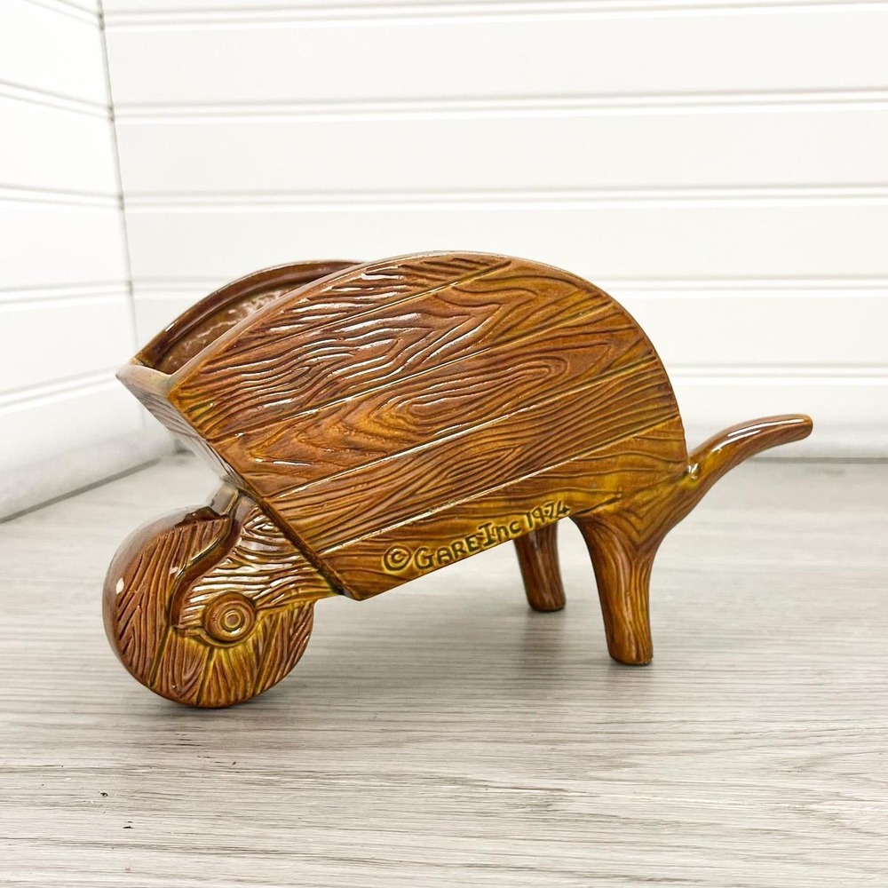 1974 Ceramic Wheelbarrow Plant Holder - Vintage Handmade Rustic Vase Signed Jo‎